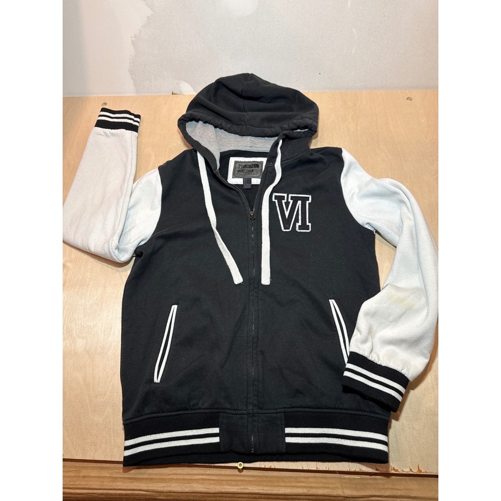 21Men Los Angeles Mens Varsity Zip Up Hoodie Black White VI Patch Large